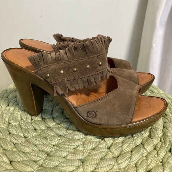 Born Brown Suede Fringe Boho Slip On Clog Heel Sandals - Picture 1 of 8
